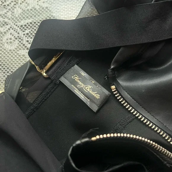 Honey Birdette RARE Black Sheer Mesh and Faux Leather Plunge Bodysuit - Picture 5 of 8